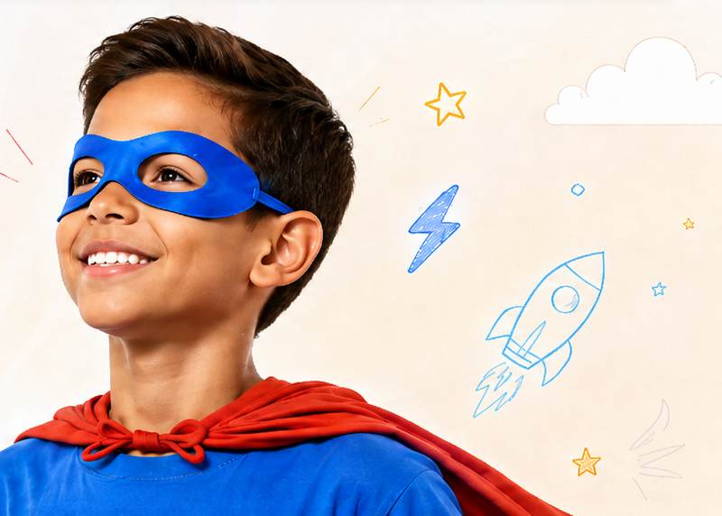 Young hero wearing a blue mask and red cape