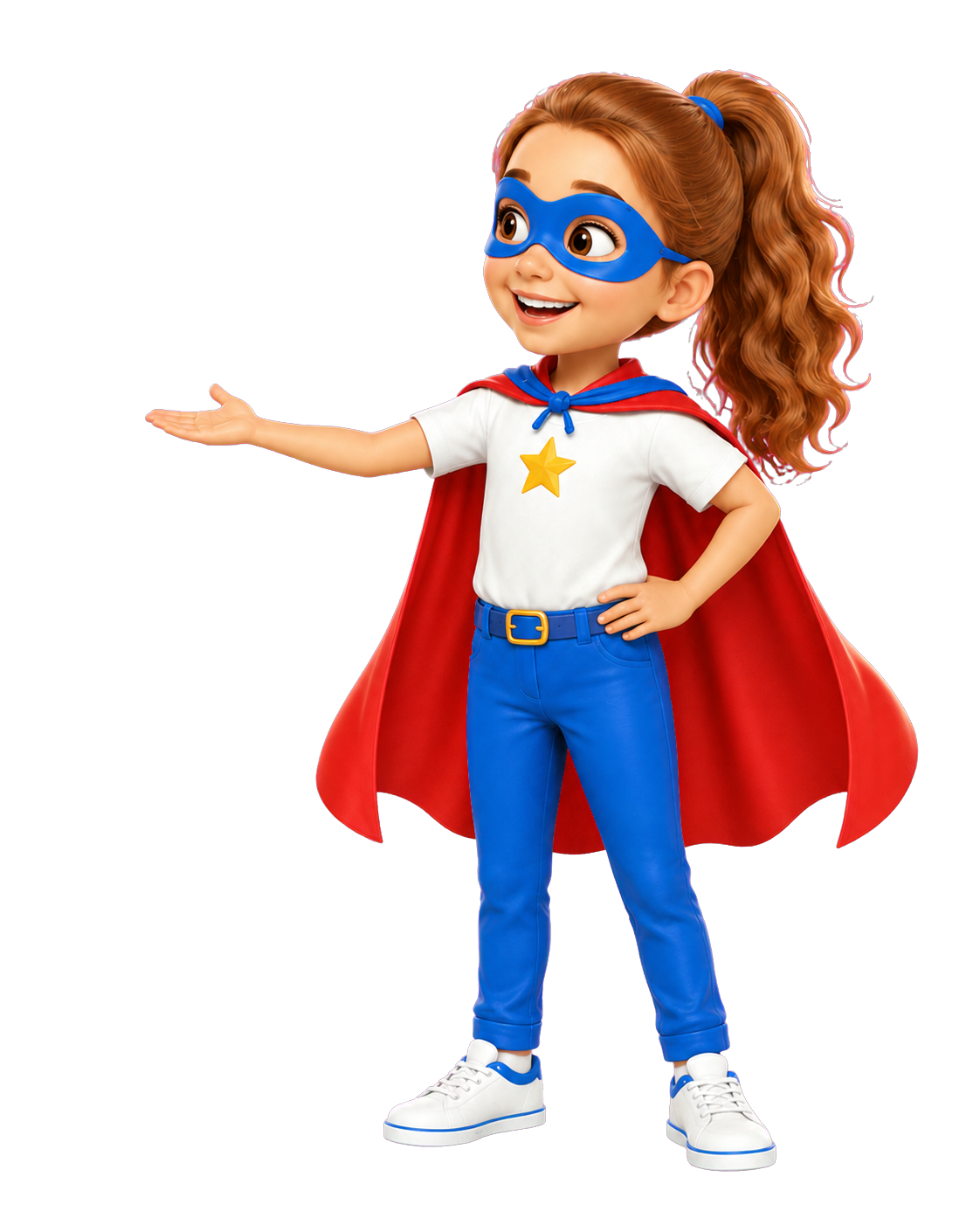 A smiling girl hero wearing a blue mask and red cape